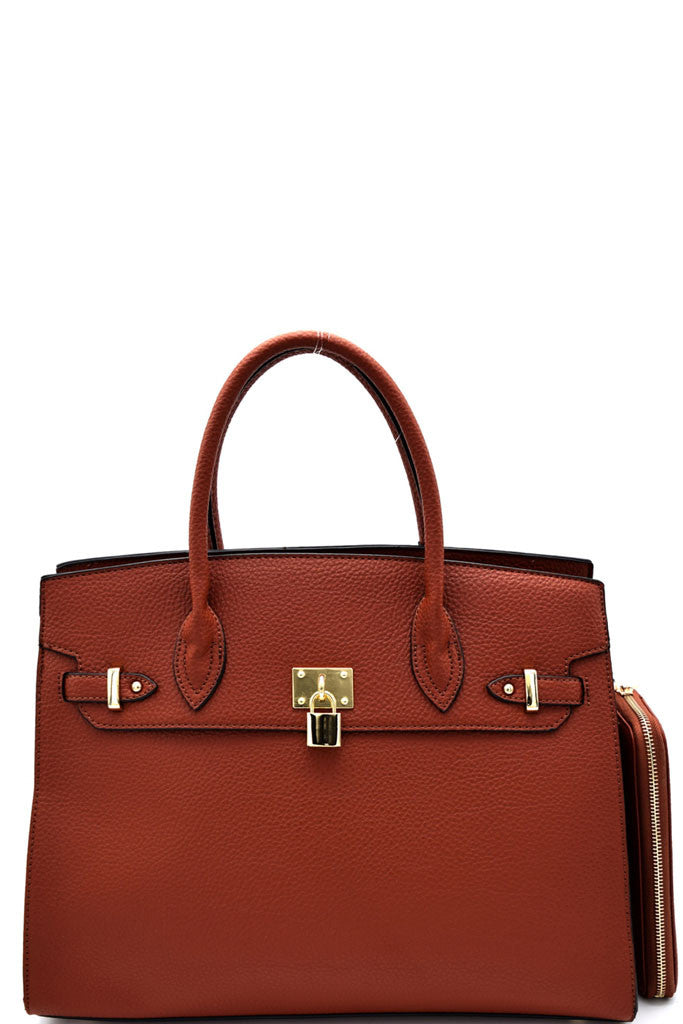 Elegant Brown Padlock Top Handle Large Tote Bag Set