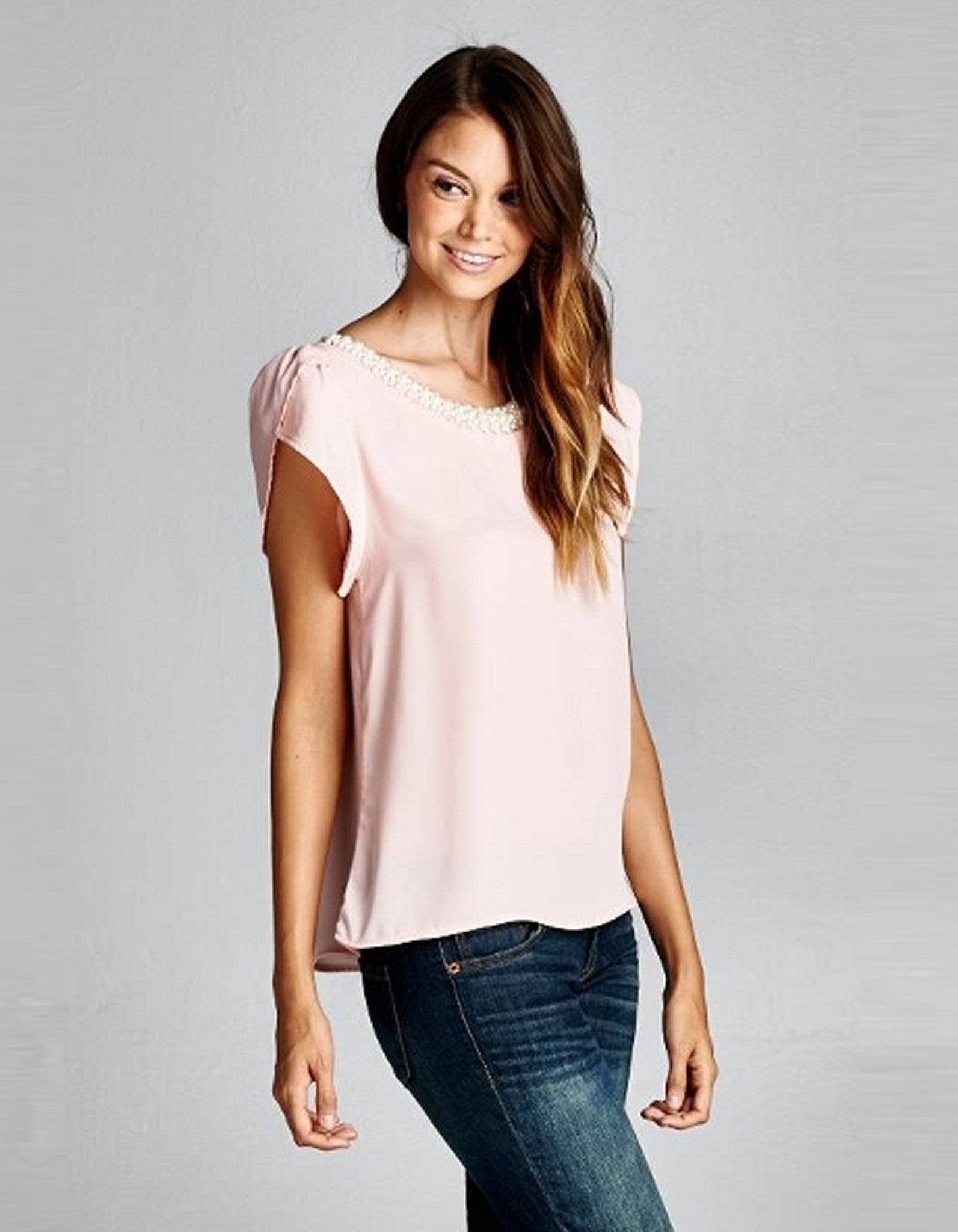 Pink Blouse with Pearl Neckline