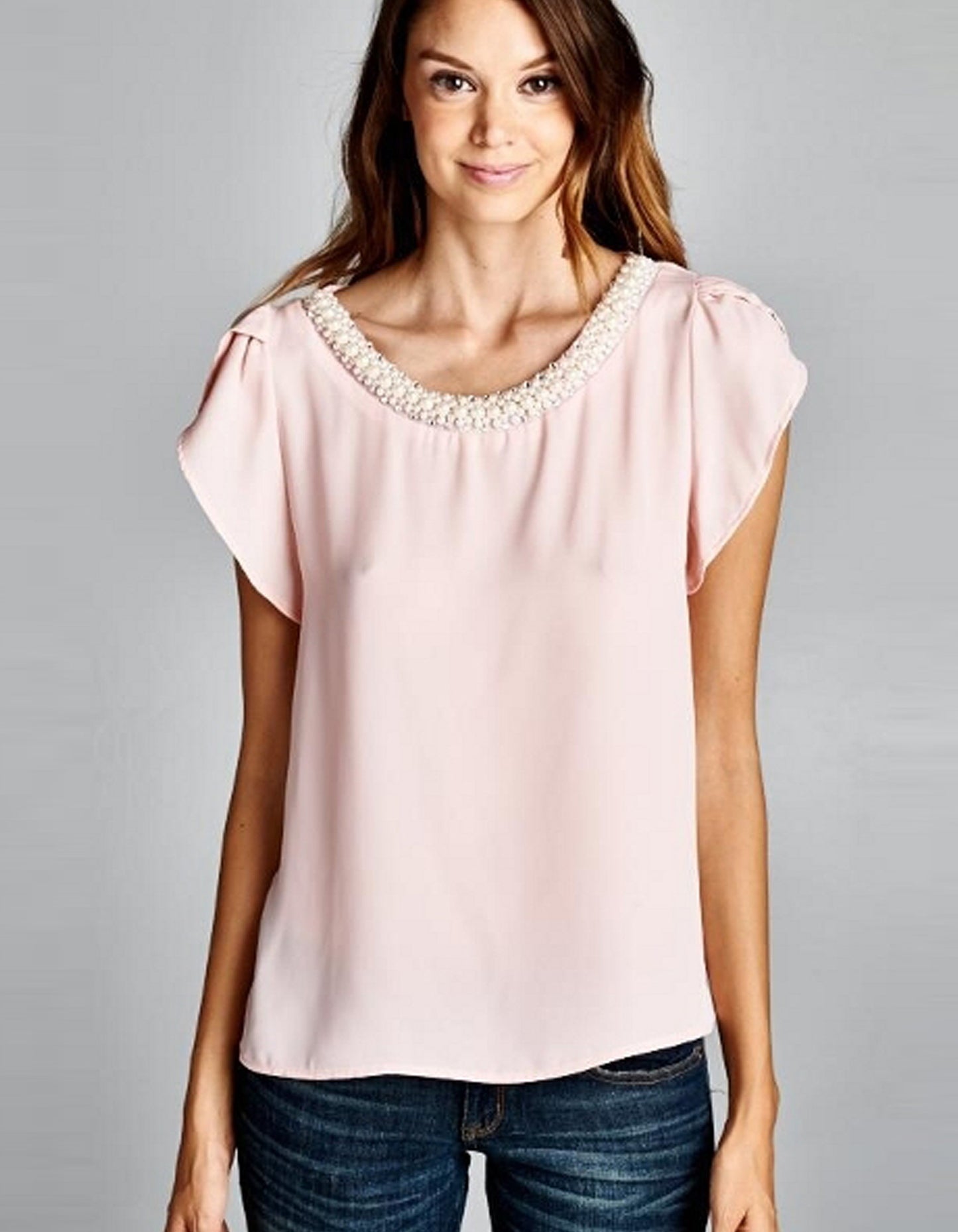 Pink Blouse with Pearl Neckline