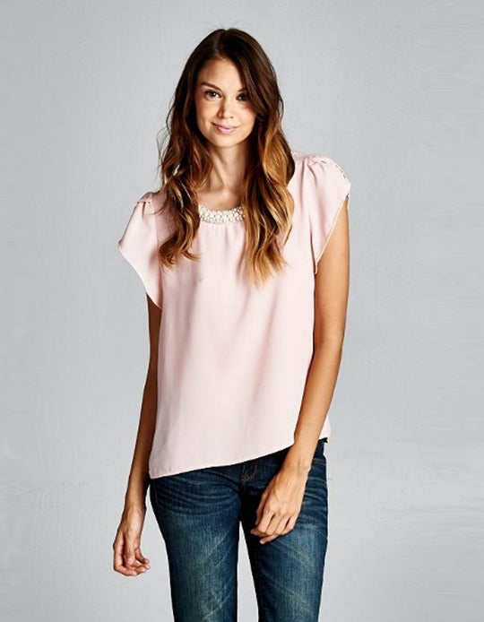 Pink Blouse with Pearl Neckline