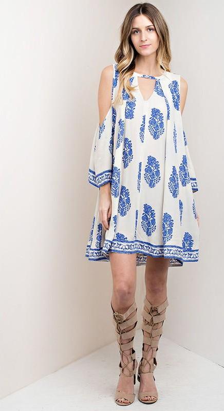 Casual Cold Shoulder Ivory Dress with Blue Print