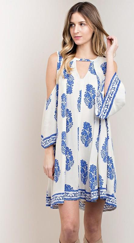 Casual Cold Shoulder Ivory Dress with Blue Print