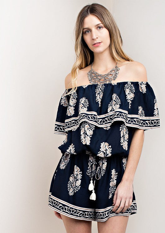 Casual Off Shoulder Navy Romper with Mocha Print