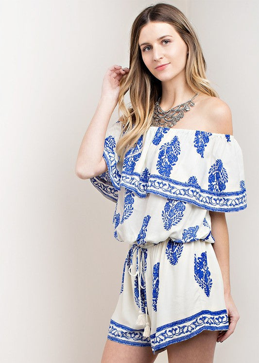 Casual Off Shoulder Ivory Romper with Blue Print