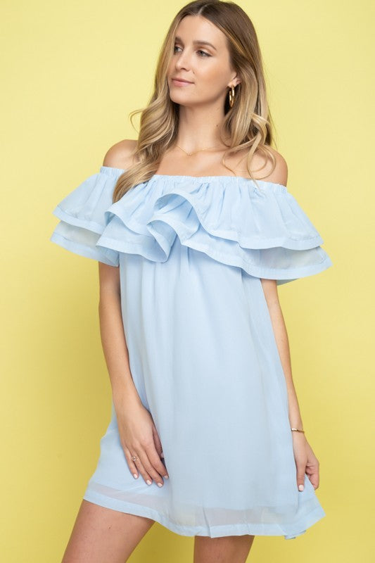 Elegant Light Blue Off Shoulder Ruffle Dress