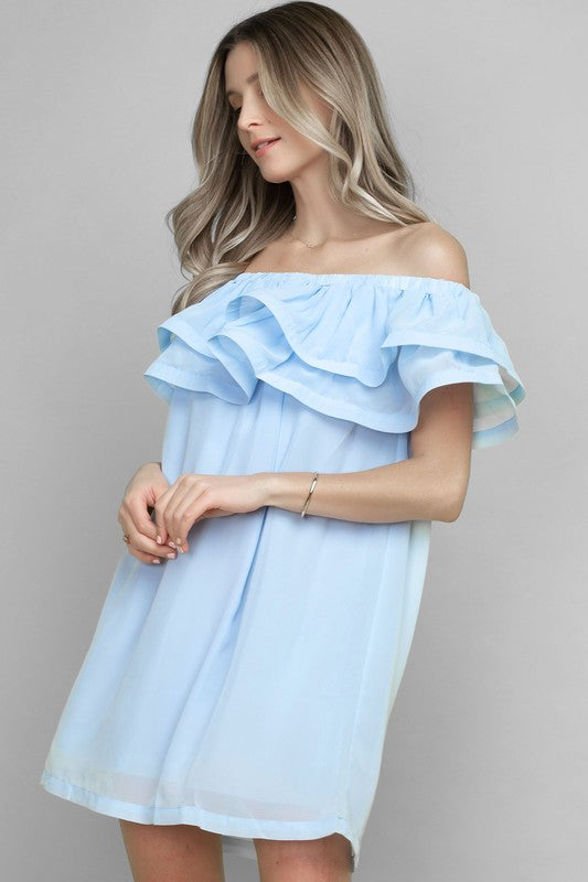 Elegant Light Blue Off Shoulder Ruffle Dress