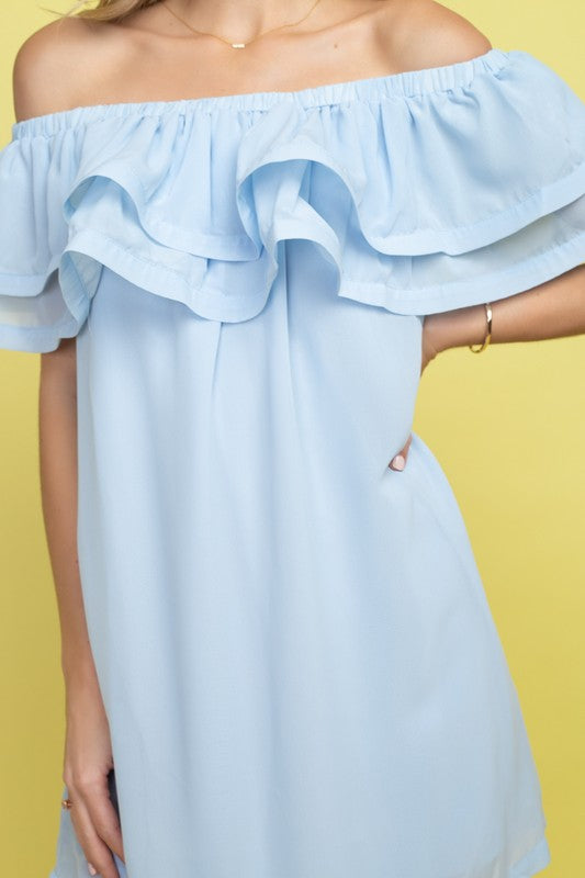 Elegant Light Blue Off Shoulder Ruffle Dress