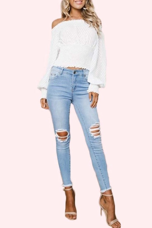 Fashion Off Shoulder White Lace Elastic Top with Bell Sleeve