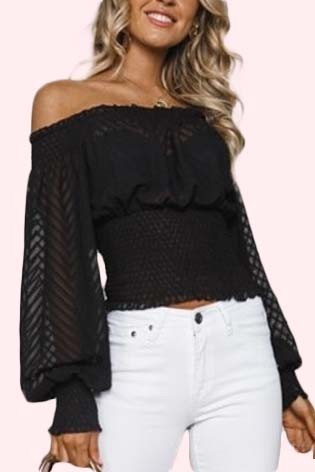 Fashion Off Shoulder Black Lace Elastic Top with Bell Sleeve