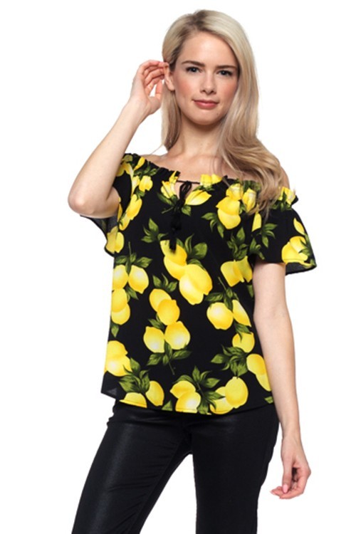 Fashion Summer Off Shoulder Black Lemon Print Top