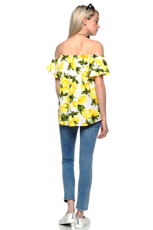 Fashion Summer Off Shoulder White Lemon Print Top
