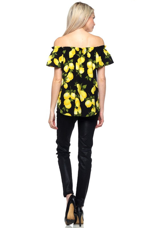 Fashion Summer Off Shoulder Black Lemon Print Top