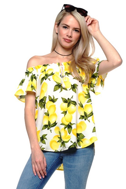 Fashion Summer Off Shoulder White Lemon Print Top