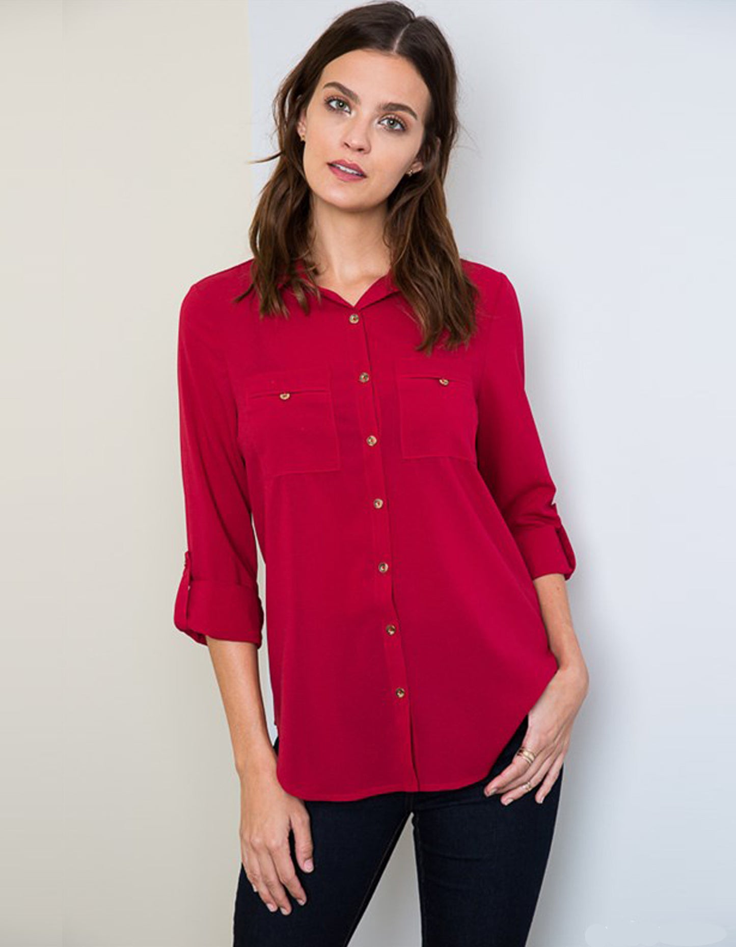 Red Elegant Blouse with Gold Button