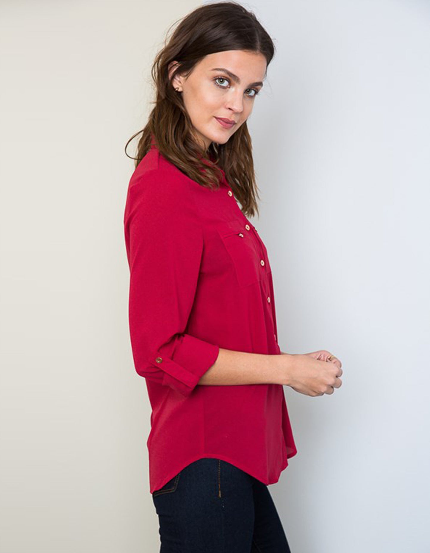 Red Elegant Blouse with Gold Button