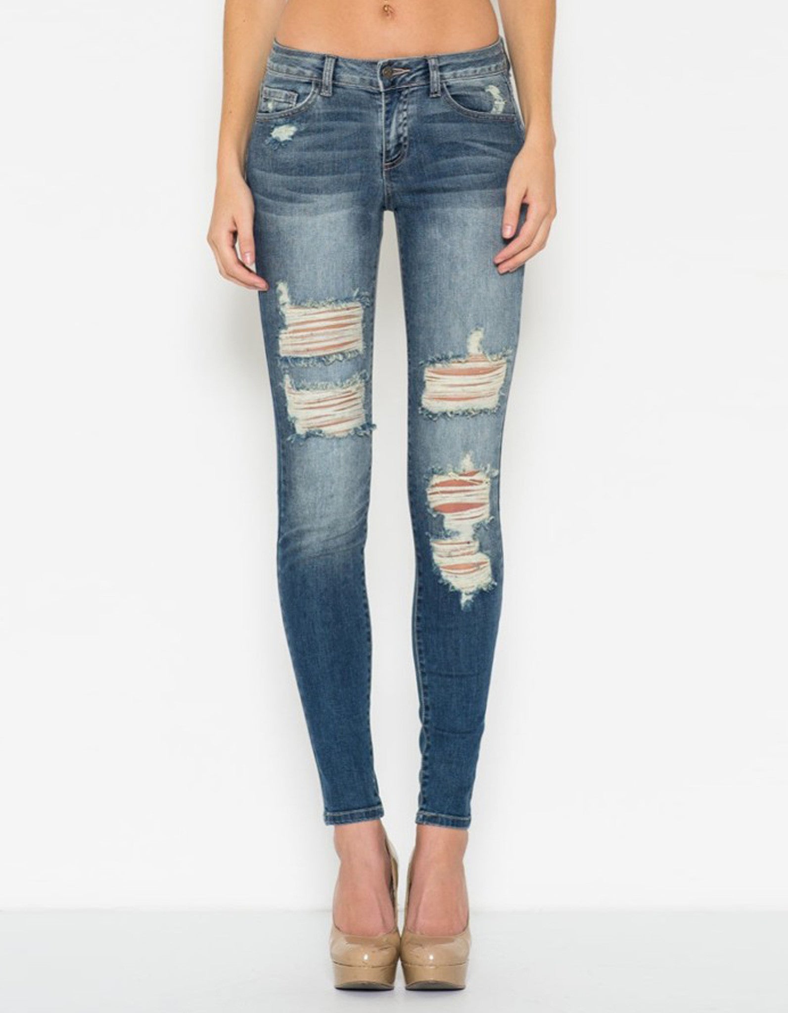 Ripped Skinny Jean with Dark Blue Wash