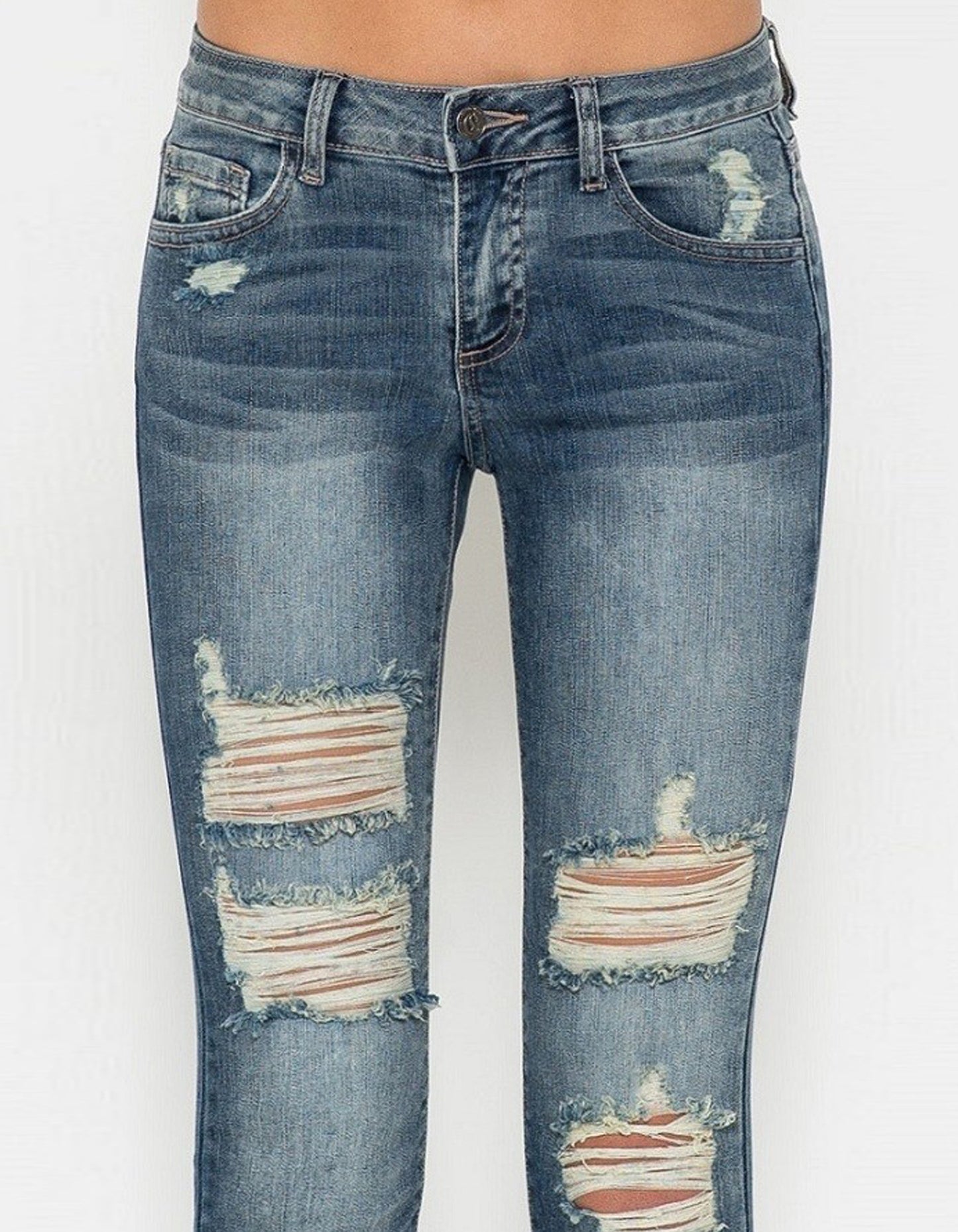 Ripped Skinny Jean with Dark Blue Wash