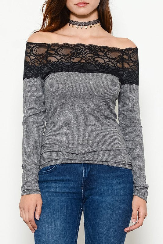 Fashion Off Shoulder Lace Grey Top
