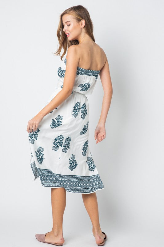 Casual Strapless White Dress Tie-Up with Blue Floral Print