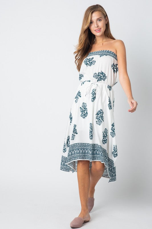Casual Strapless White Dress Tie-Up with Blue Floral Print