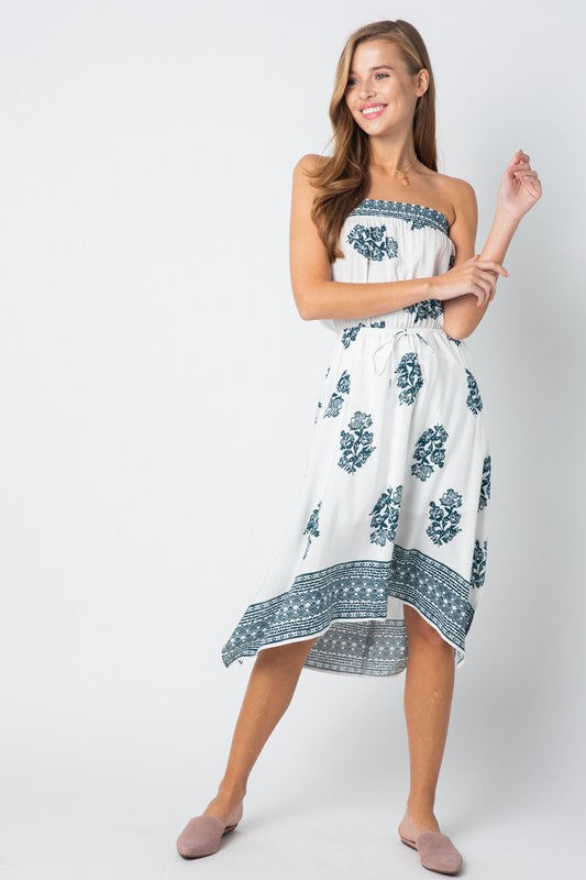 Casual Strapless White Dress Tie-Up with Blue Floral Print