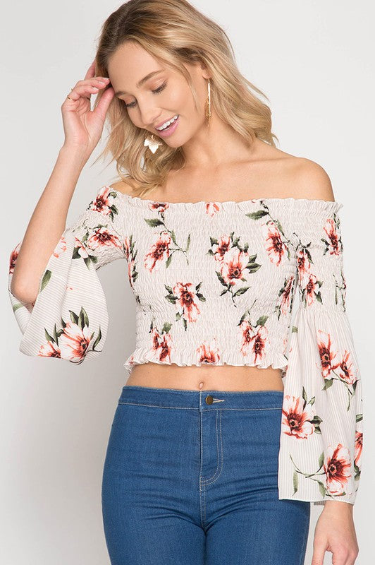 Summer Off Shoulder Beige Elastic Floral Print Top with Bell Sleeve