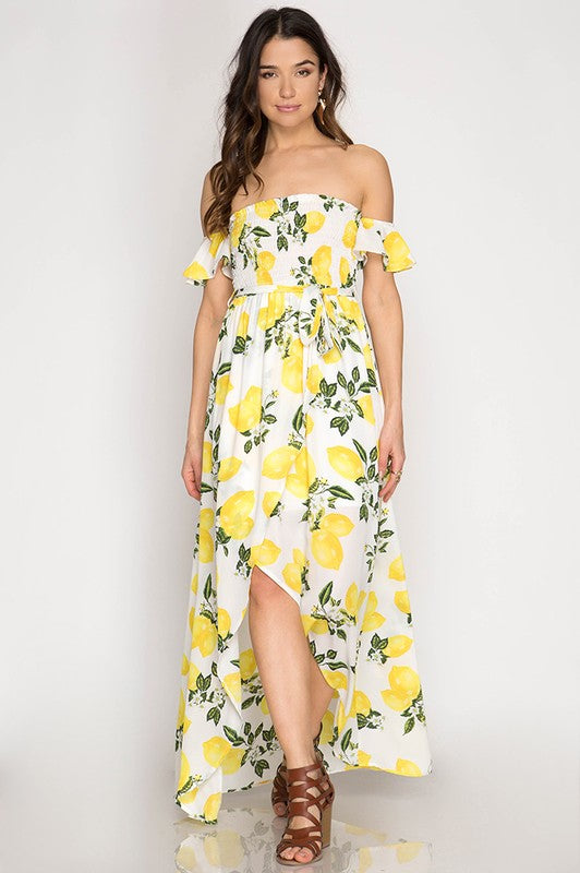 Summer Off Shoulder Lemon Print High Low White Maxi Dress