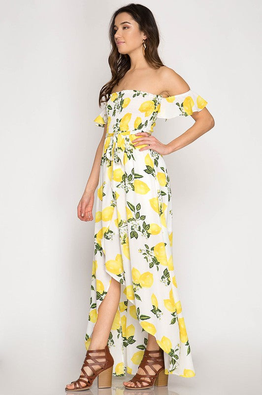 Summer Off Shoulder Lemon Print High Low White Maxi Dress EDITE MODE Summer Off Shoulder Lemon Print High Low White Maxi Dress EDITE MODE