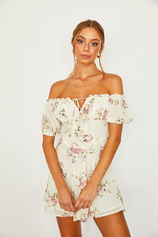 Fashion Off Shoulder White Multi-Color Floral Print Front Tie-Up Dress
