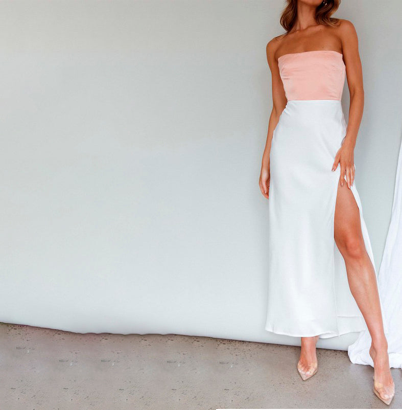 Elegant Peach Strapless Satin Boning Detailed Maxi Dress with Slit