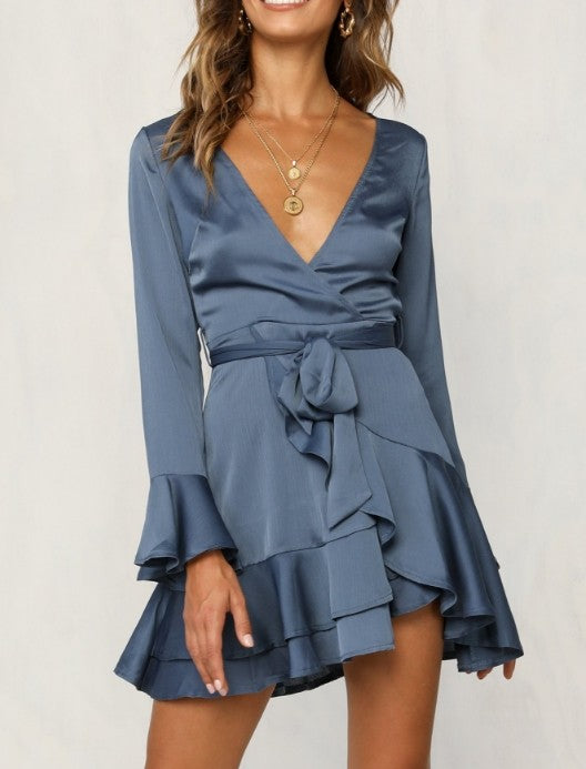 Elegant Midnight Blue Satin Tie-Up Ruffle Dress with Bell Sleeve