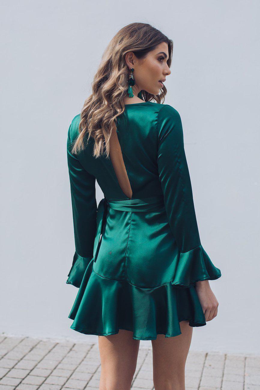 Elegant Jade Satin Tie-Up Ruffle Detailed Dress with Bell Sleeve