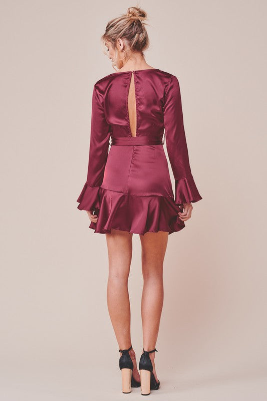 Elegant Wine Satin Tie-Up Ruffle Detailed Dress with Bell Sleeve