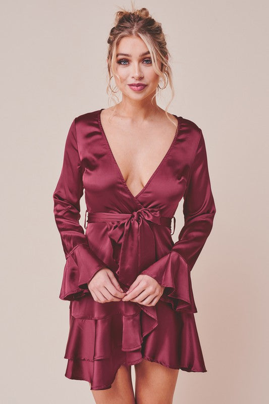 Elegant Wine Satin Tie-Up Ruffle Detailed Dress with Bell Sleeve