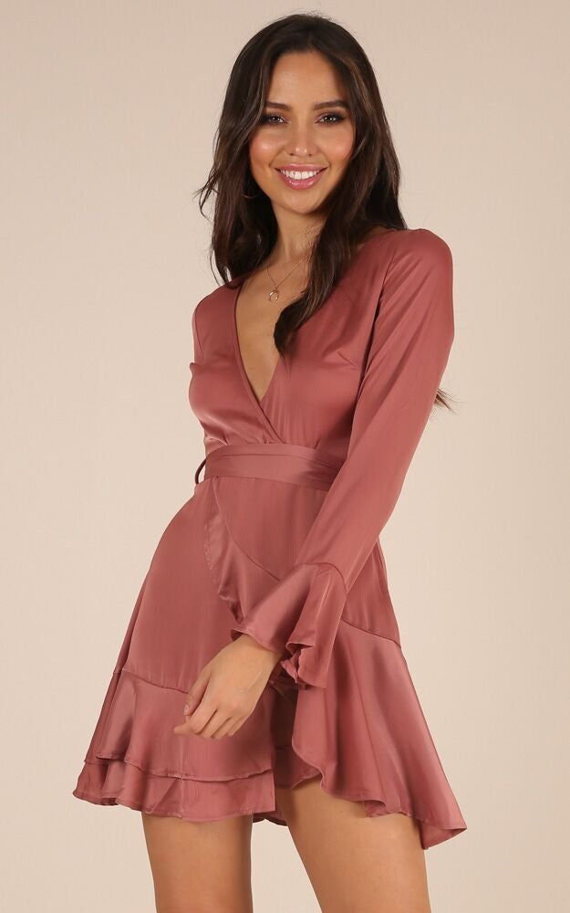 Elegant Rose Satin Tie-Up Ruffle Dress with Bell Sleeve