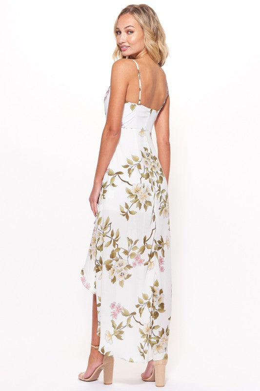 Fashion Strap Multi-Color Floral Print Ruffle High Low White Maxi Dress