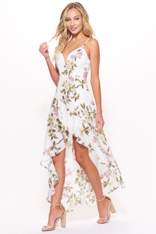 Fashion Strap Multi-Color Floral Print Ruffle High Low White Maxi Dress