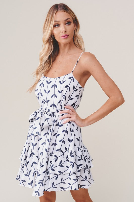 Fashion Summer Strap White Blue Leaf Print Ruffle Tie-Up Dress
