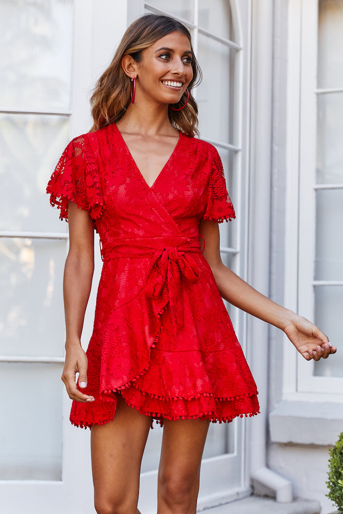 Elegant Red Lace Pom Pom Detailed Wrap Tie-Up Dress