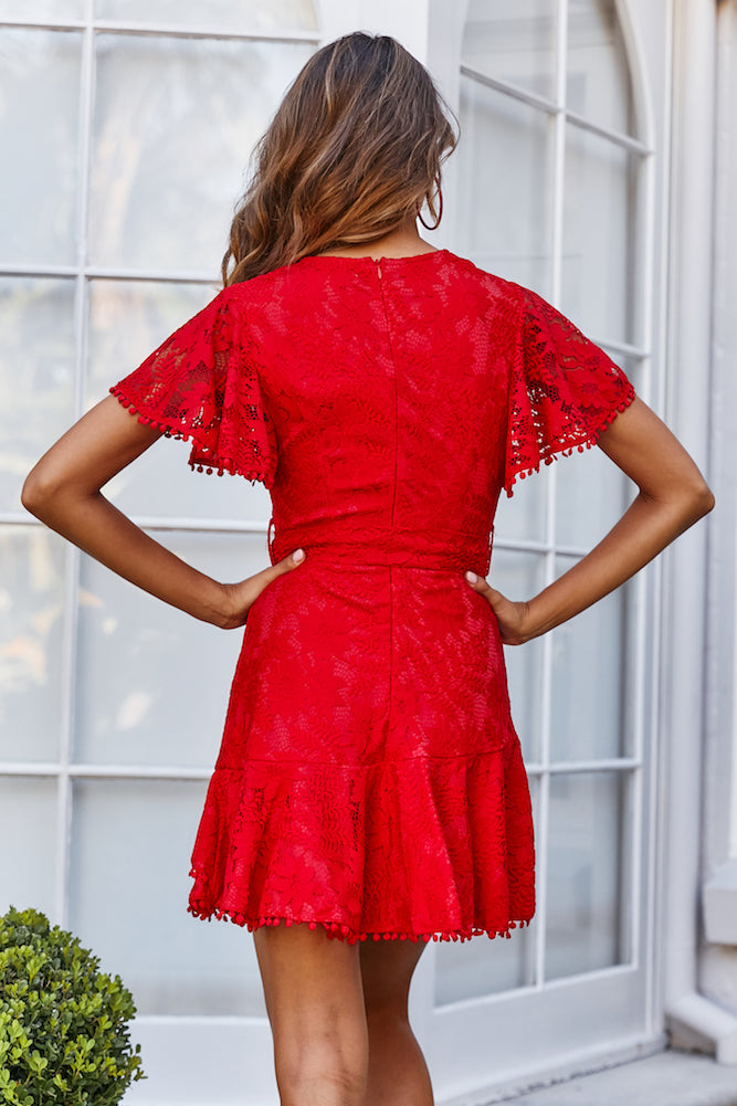 Elegant Red Lace Pom Pom Detailed Wrap Tie-Up Dress
