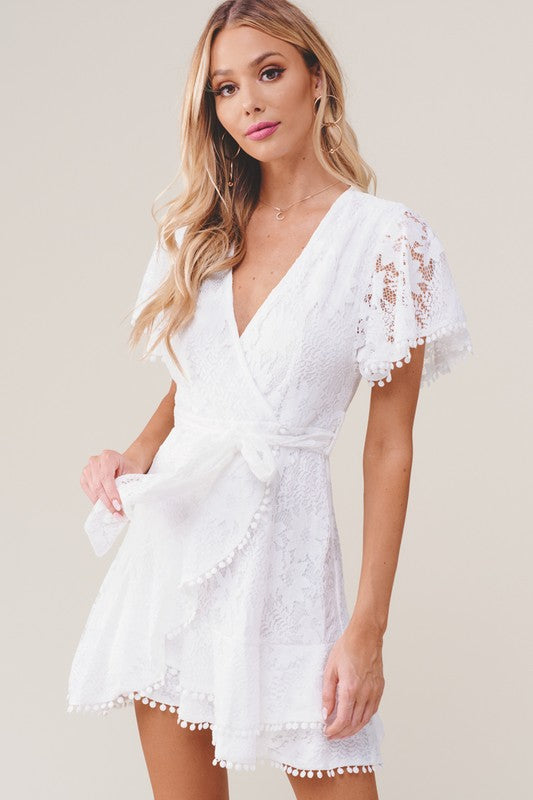 Elegant White Lace Pom Pom Detailed Wrap Tie-Up Dress