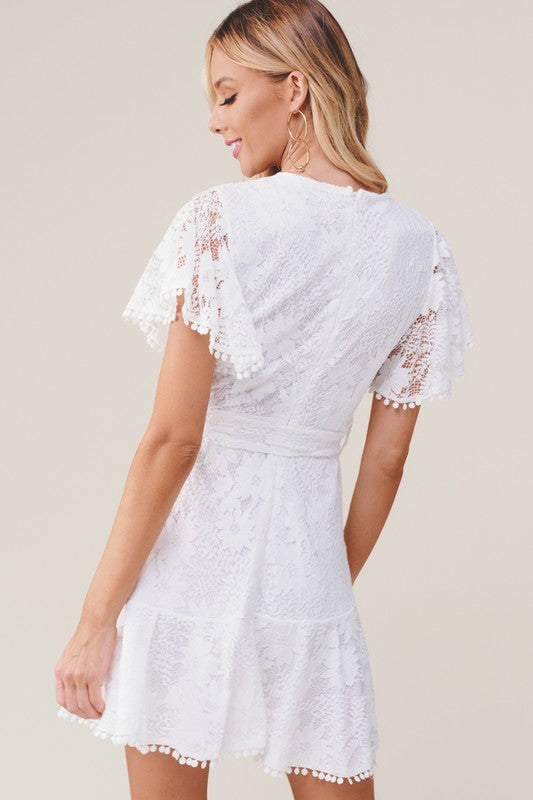 Elegant White Lace Pom Pom Detailed Wrap Tie-Up Dress