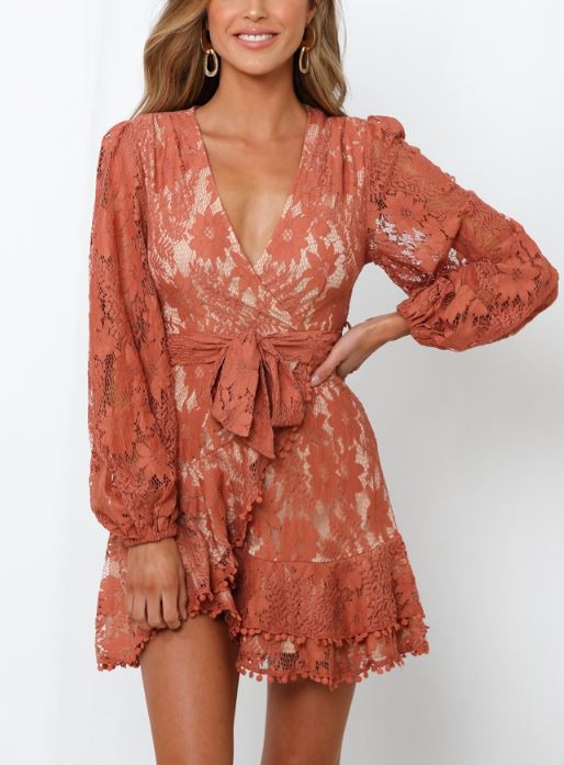 Elegant Rose Lace Pom Pom Detailed Wrap Tie-Up Dress with Long Sleeve
