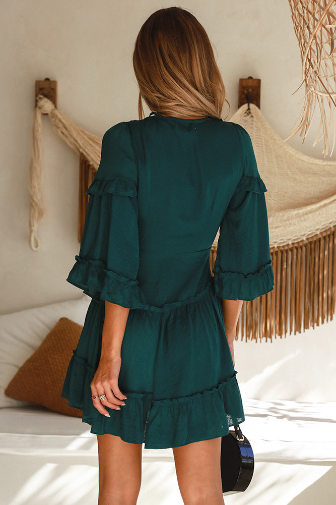 Elegant Forest Green Satin V-Neck Ruffle Dress