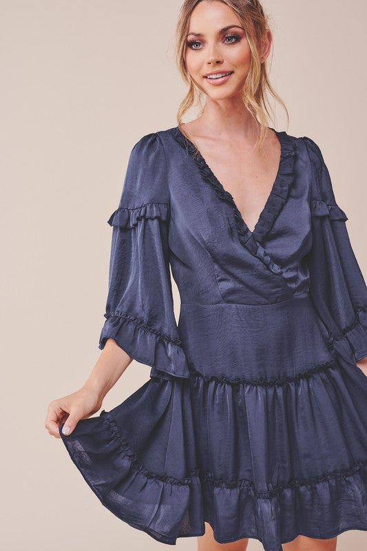 Elegant Navy Satin V-Neck Ruffle Dress