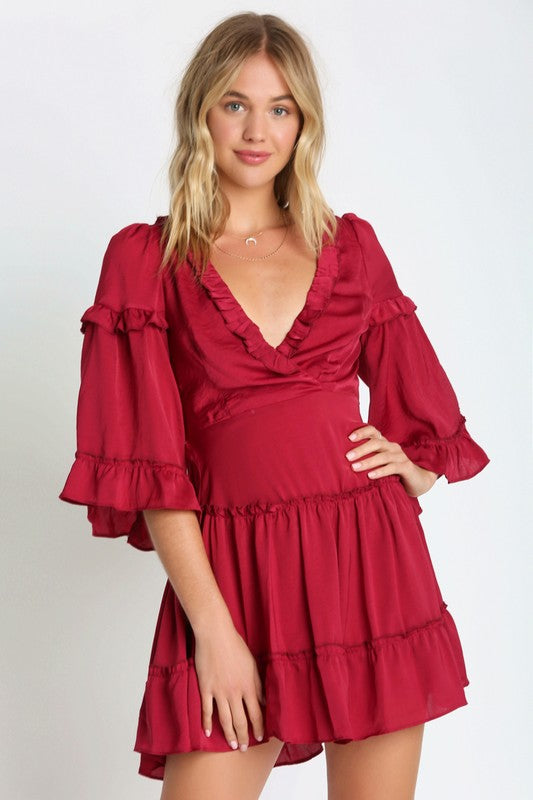 Elegant Wine Satin V-Neck Ruffle Dress