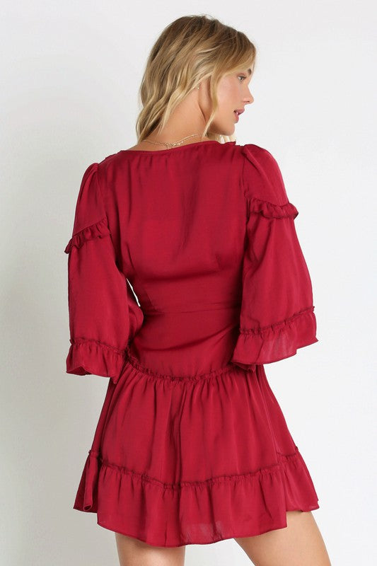 Elegant Wine Satin V-Neck Ruffle Dress