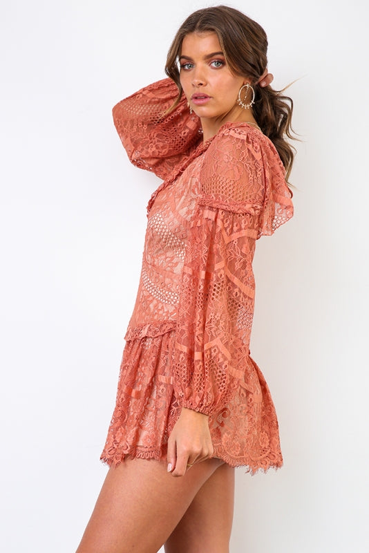 Elegant Rose Lace Floral Detailed V-Neck Ruffle Open Back Dress with Long Sleeve