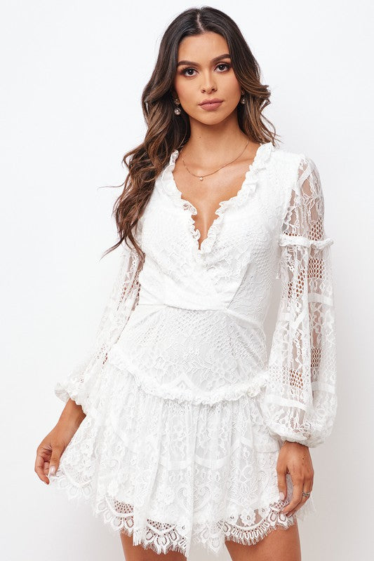 Elegant White Lace Floral Detailed V-Neck Ruffle Open Back Dress with Long Sleeve