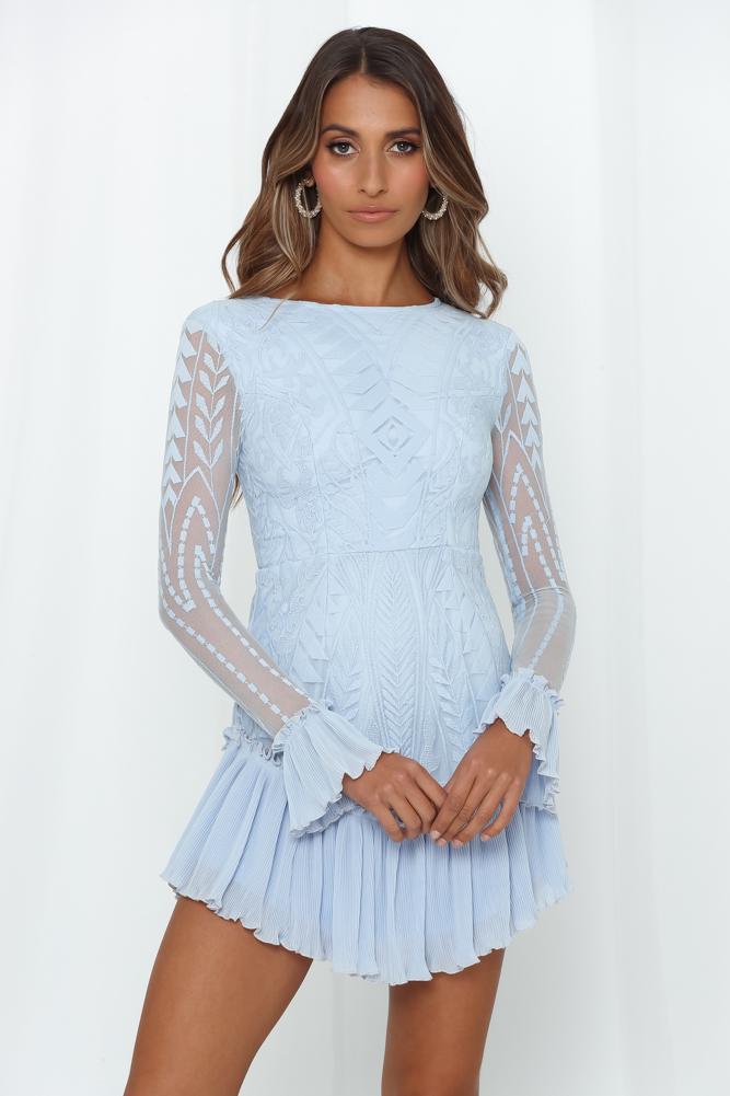 Elegant Steel Blue Floral Lace Ruffle Dress with Long Sleeve